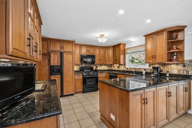 kitchen with open shelves, black appliances, brown cabinets, backsplash, and a peninsula