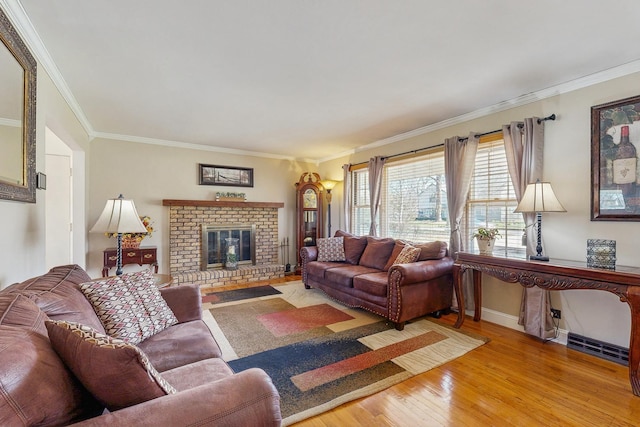 1S550 Hawthorne Ln, Wheaton, IL 60189 - living room featuring baseboards, crown molding, a brick fireplace, and light wood-type flooring