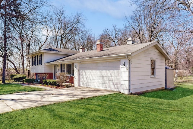 1S550 Hawthorne Ln, Wheaton, IL 60189 - split level home with a front yard, an attached garage, a chimney, and concrete driveway