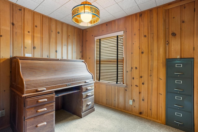 unfurnished office with wood walls, light colored carpet, and baseboards