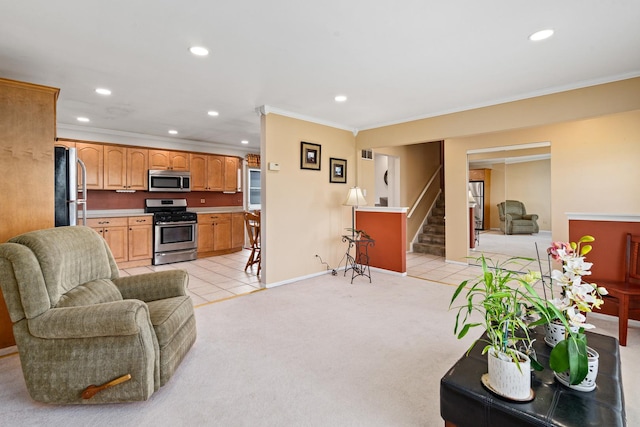 8900 W 169th Pl, Orland Hills, IL 60487 - living room with recessed lighting, ornamental molding, stairway, baseboards, and light tile patterned flooring