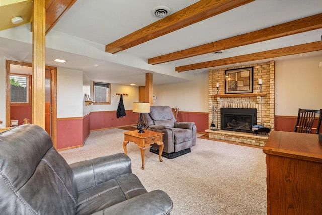 8900 W 169th Pl, Orland Hills, IL 60487 - living room with carpet, wainscoting, a brick fireplace, and beam ceiling