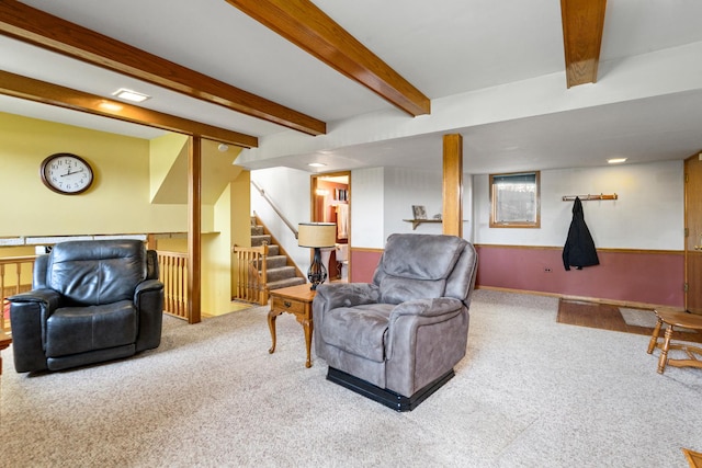 8900 W 169th Pl, Orland Hills, IL 60487 - living room with carpet floors, stairs, and beam ceiling