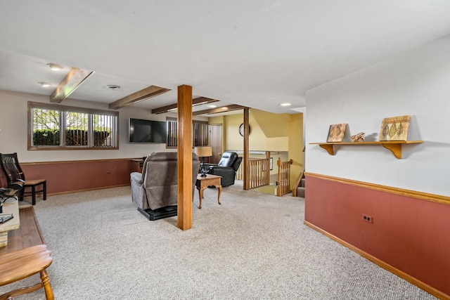8900 W 169th Pl, Orland Hills, IL 60487 - living room with carpet flooring, baseboards, and beam ceiling
