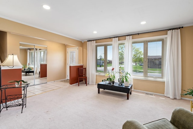 8900 W 169th Pl, Orland Hills, IL 60487 - carpeted living room featuring ornamental molding, baseboards, and recessed lighting