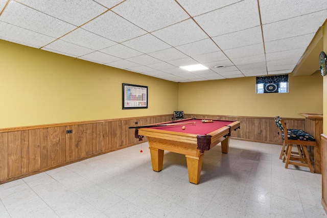 8900 W 169th Pl, Orland Hills, IL 60487 - recreation room with wainscoting, a paneled ceiling, light floors, pool table, and wood walls