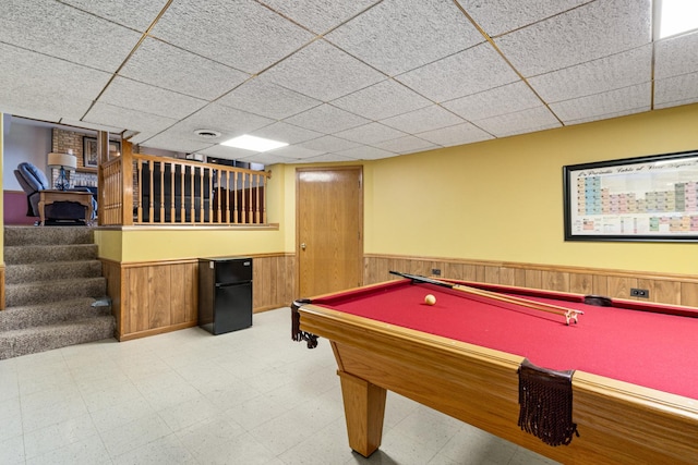 8900 W 169th Pl, Orland Hills, IL 60487 - rec room with a wainscoted wall, tile patterned floors, a drop ceiling, pool table, and wood walls