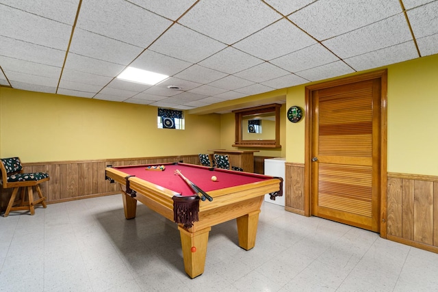 8900 W 169th Pl, Orland Hills, IL 60487 - rec room featuring wainscoting, light floors, billiards table, a paneled ceiling, and wood walls