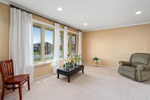 8900 W 169th Pl, Orland Hills, IL 60487 - living area with baseboards, crown molding, carpet floors, and recessed lighting