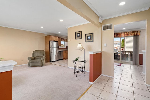 8900 W 169th Pl, Orland Hills, IL 60487 - living room with crown molding, baseboards, recessed lighting, and light carpet