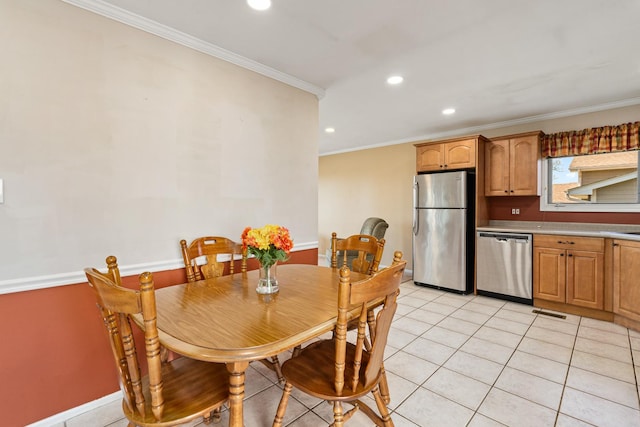 8900 W 169th Pl, Orland Hills, IL 60487 - dining area featuring recessed lighting, ornamental molding, light tile patterned floors, and baseboards