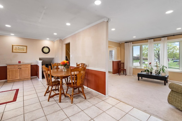 8900 W 169th Pl, Orland Hills, IL 60487 - dining space featuring ornamental molding, baseboards, recessed lighting, light tile patterned floors, and light carpet
