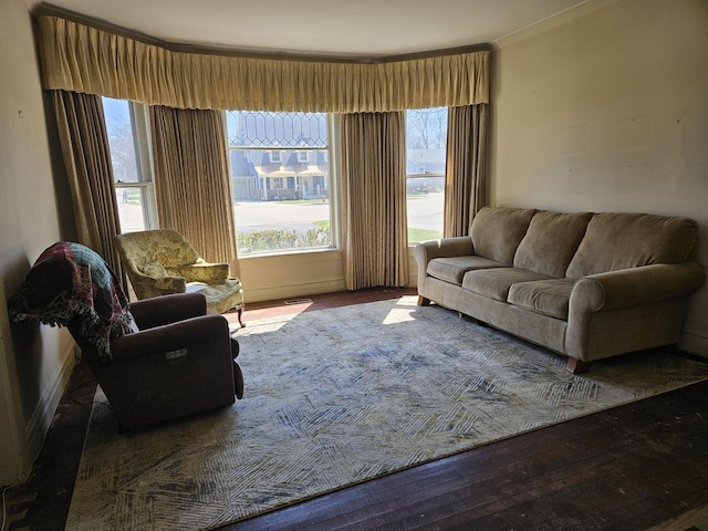 living room with wood finished floors, a wealth of natural light, and ornamental molding
