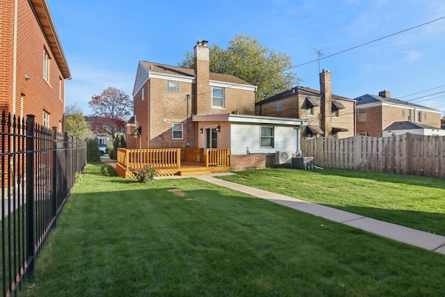 6734 N Hamlin Ave, Lincolnwood, IL 60712 - rear view of property with brick siding, a wooden deck, a chimney, and cooling unit