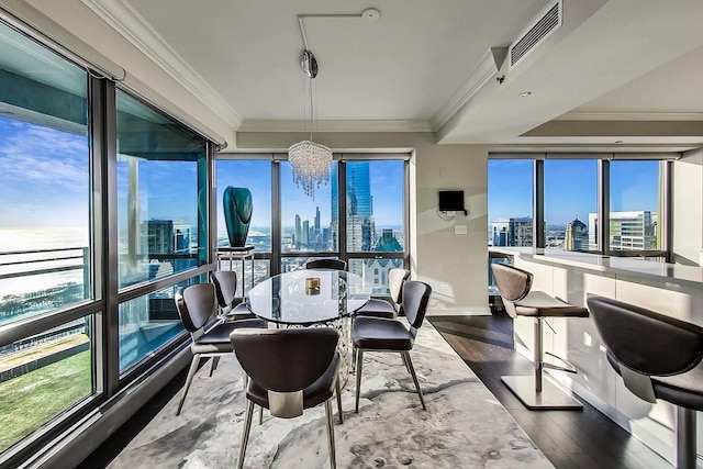 dining room with a healthy amount of sunlight, a city view, visible vents, and wood finished floors