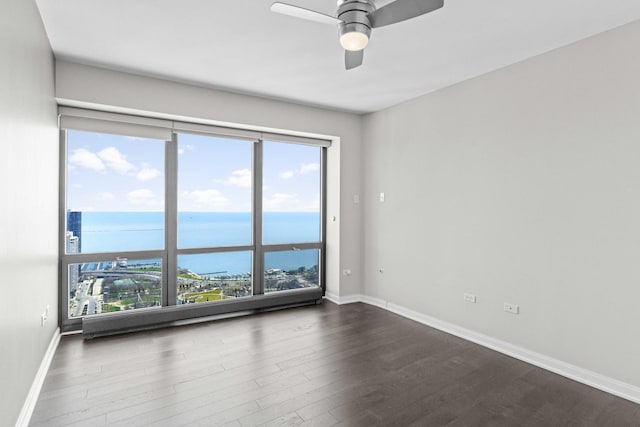 empty room featuring a water view, plenty of natural light, and dark wood-style flooring