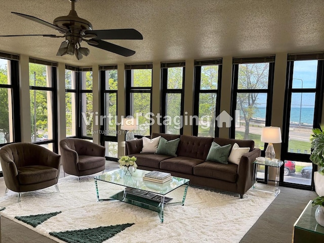 6700 S S Shore Dr Unit 2G, Chicago, IL 60649 - carpeted living area with a textured ceiling, a ceiling fan, and a wall of windows