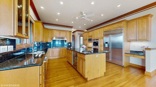 kitchen featuring built in appliances, under cabinet range hood, ornamental molding, and a sink