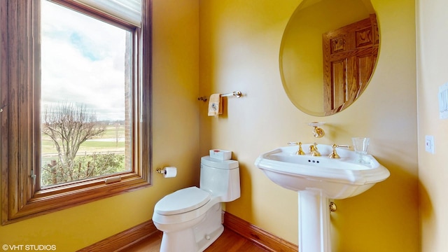 bathroom featuring wood finished floors, a healthy amount of sunlight, toilet, and baseboards