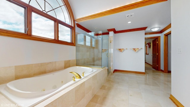 full bath with a whirlpool tub, a shower stall, ornamental molding, and a healthy amount of sunlight