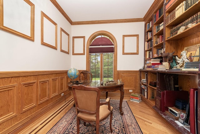 1020 Evergreen Dr, Lake Forest, IL 60045 - office with a wainscoted wall, light wood-style flooring, and ornamental molding