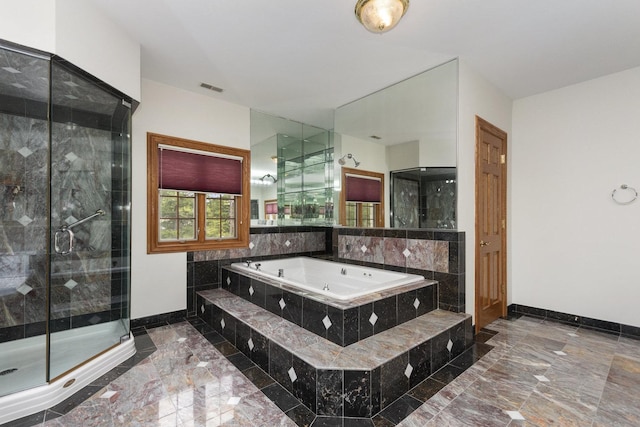 1020 Evergreen Dr, Lake Forest, IL 60045 - full bathroom featuring marble tiled flooring, baseboards, a whirlpool tub, and a shower stall