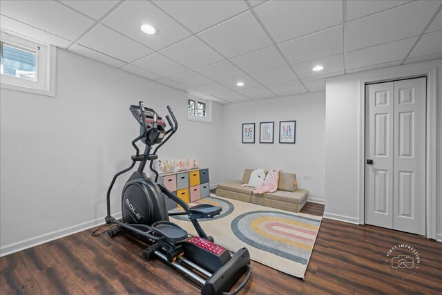 73 Brandon Ave, Glen Ellyn, IL 60137 - exercise room featuring a paneled ceiling, recessed lighting, baseboards, and wood finished floors