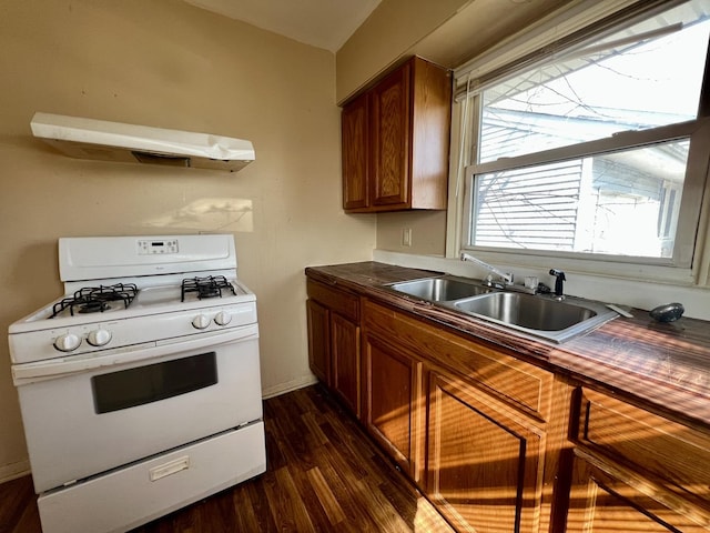 1101 N Coler Ave, Urbana, IL 61801 - kitchen with white range with gas stovetop, a sink, brown cabinets, and range hood