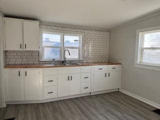 336 4th St, Lasalle, IL 61301 - kitchen with dark wood-style flooring, baseboards, decorative backsplash, a sink, and white cabinets