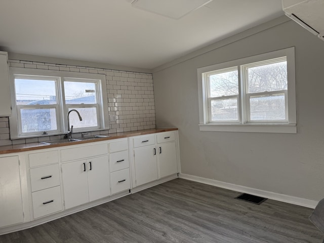 336 4th St, Lasalle, IL 61301 - kitchen featuring a sink, wooden counters, visible vents, decorative backsplash, and dark wood-type flooring