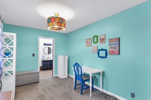home office with carpet flooring and baseboards