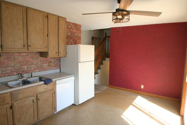 801 Heritage Dr, Mackinaw, IL 61755 - kitchen featuring light countertops, a sink, brick wall, white appliances, and ceiling fan