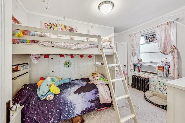 bedroom featuring crown molding and radiator heating unit