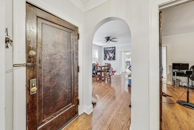 entryway with a ceiling fan, light wood-style flooring, baseboards, arched walkways, and ornamental molding