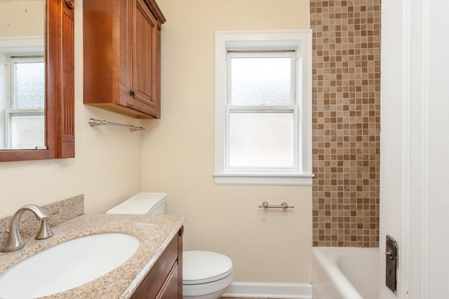 full bath with baseboards, toilet, and vanity