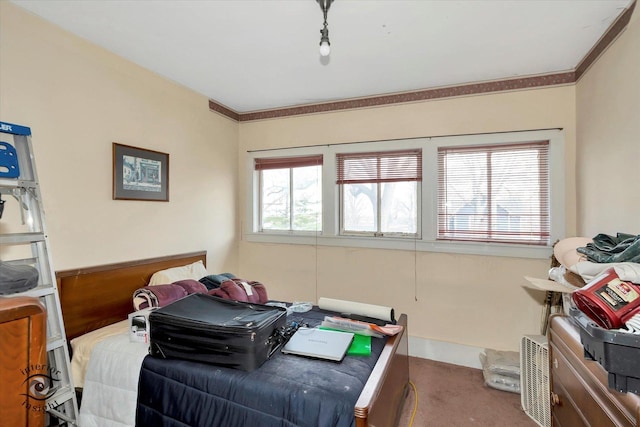 bedroom featuring crown molding and carpet flooring