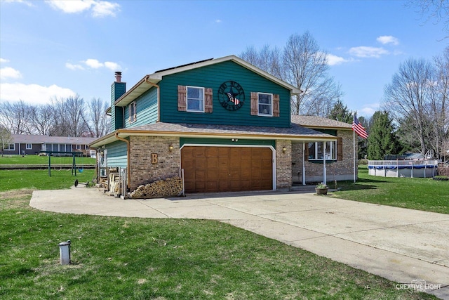 view of front of property with a chimney, a front lawn, driveway, an attached garage, and brick siding