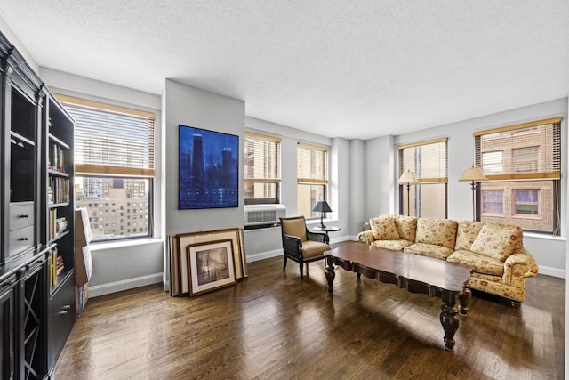 living area with baseboards, wood finished floors, and a textured ceiling