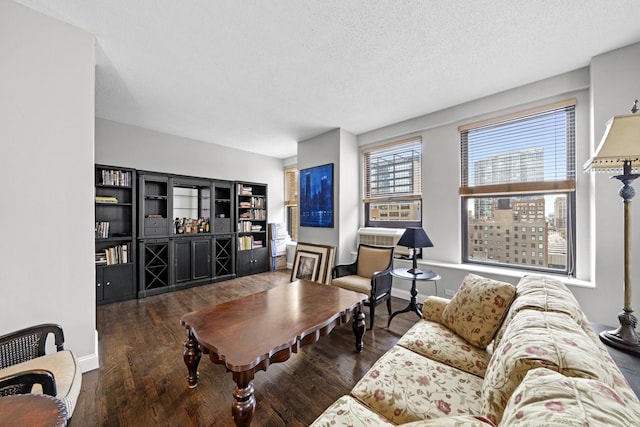 living room featuring baseboards, a textured ceiling, and wood finished floors