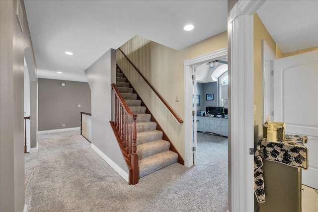 staircase with recessed lighting, carpet, and baseboards