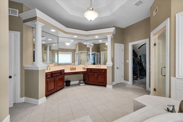 full bath featuring a sink, visible vents, and ornate columns