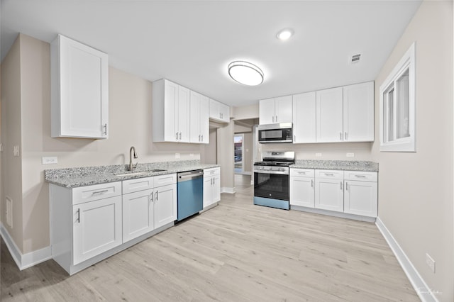 kitchen featuring a sink, white cabinetry, light wood-style flooring, stainless steel appliances, and visible vents