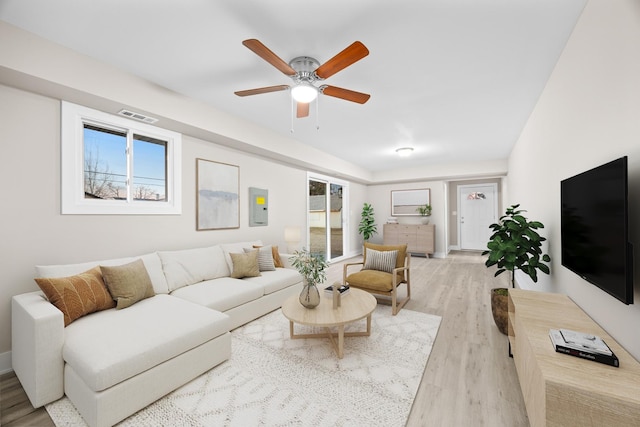living area featuring light wood finished floors, visible vents, electric panel, and ceiling fan