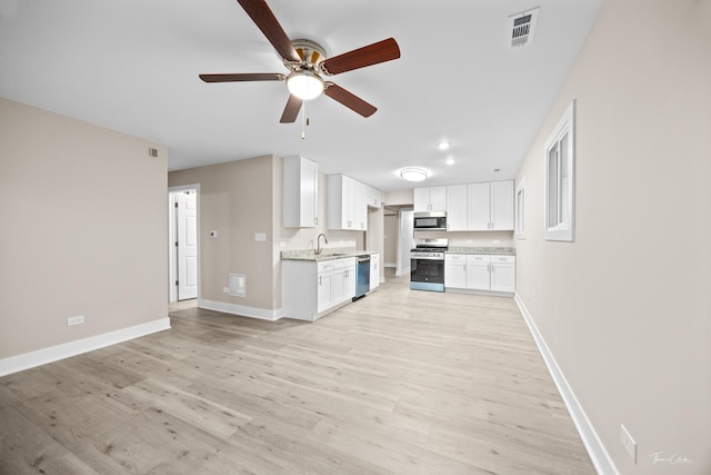 unfurnished living room with light wood-style flooring, baseboards, a sink, visible vents, and a ceiling fan