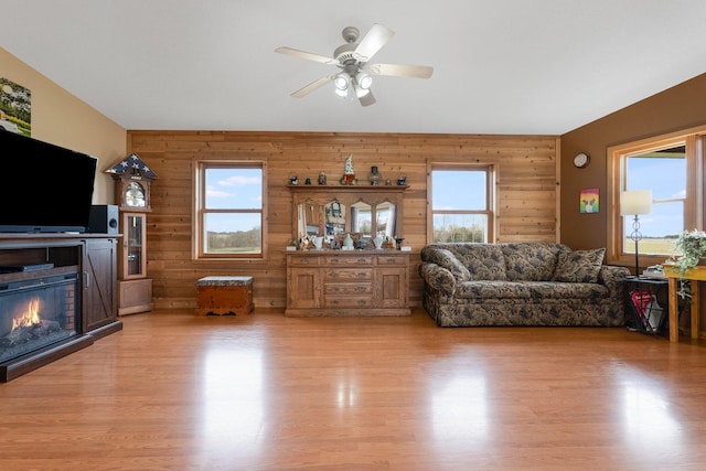 2956 Welland Rd, Earlville, IL 60518 - living room featuring wood walls, ceiling fan, light wood-style floors, and a healthy amount of sunlight