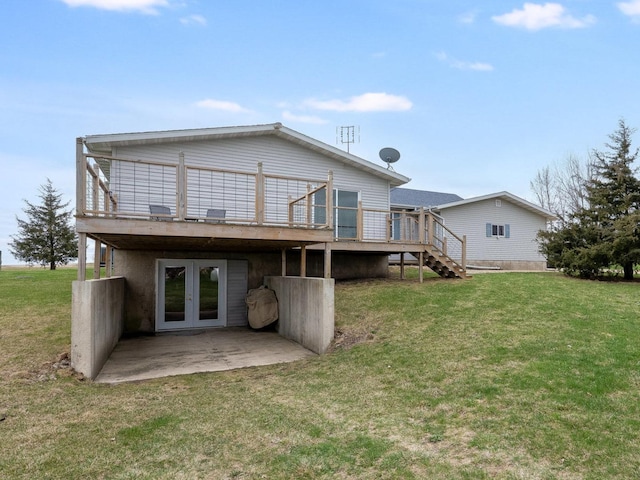 2956 Welland Rd, Earlville, IL 60518 - rear view of property with a lawn, stairway, a patio, french doors, and a wooden deck