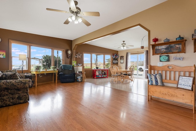2956 Welland Rd, Earlville, IL 60518 - living area featuring ceiling fan, wood finished floors, and lofted ceiling