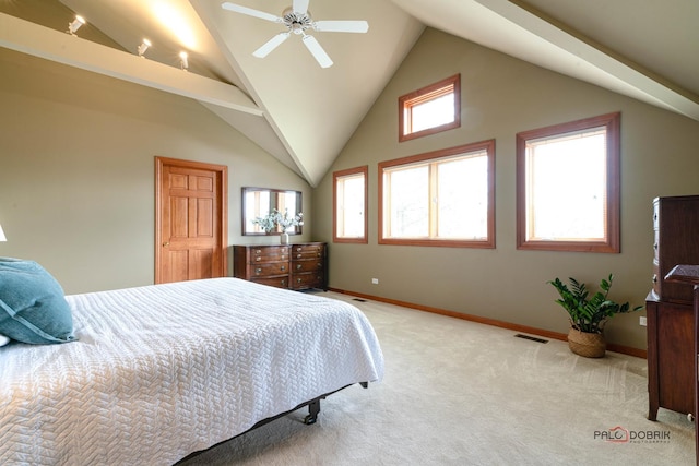 bedroom with visible vents, baseboards, a ceiling fan, high vaulted ceiling, and light colored carpet