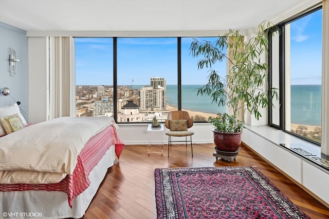 bedroom with multiple windows, wood finished floors, and a water view
