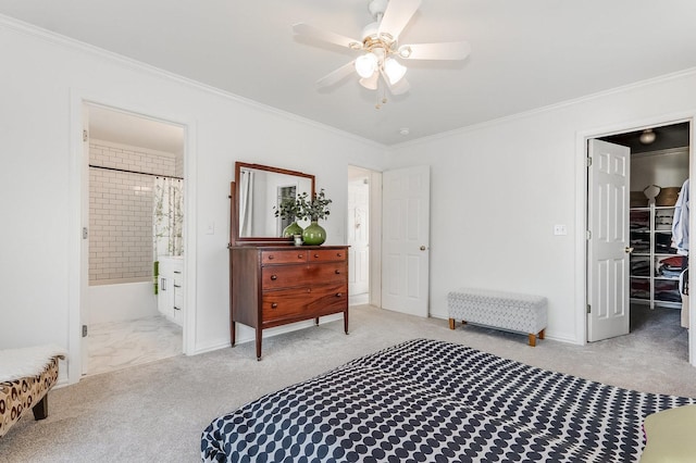 bedroom with ornamental molding, a spacious closet, ensuite bathroom, and carpet